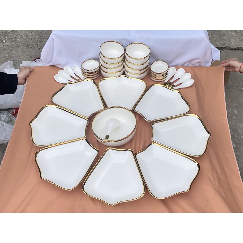 Set bát đĩa Hướng Dương lá me 8 cánh màu trắng bằng gốm sứ cao cấp