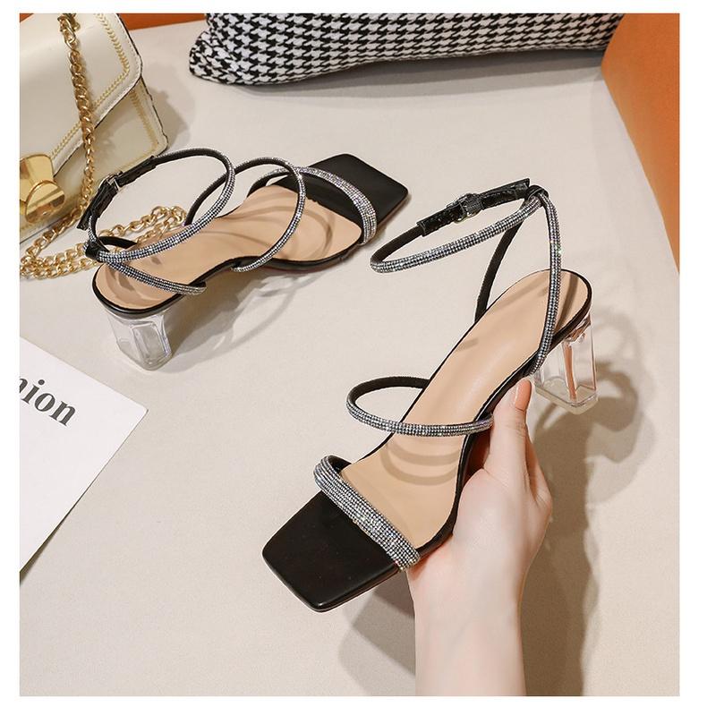 Giày sandal cao gót big size nữ 40 41 42 43 xăng đan cao gót ngoại cỡ size to đính đá màu đen thời trang 6 phân