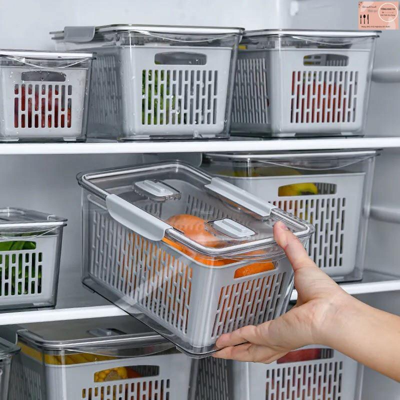 Hộp đựng thực phẩm, Hộp nhựa to đựng thực phẩm tủ lạnh 2 lớp có lỗ thoát nước khoá thoát khí dễ dàng bảo quản