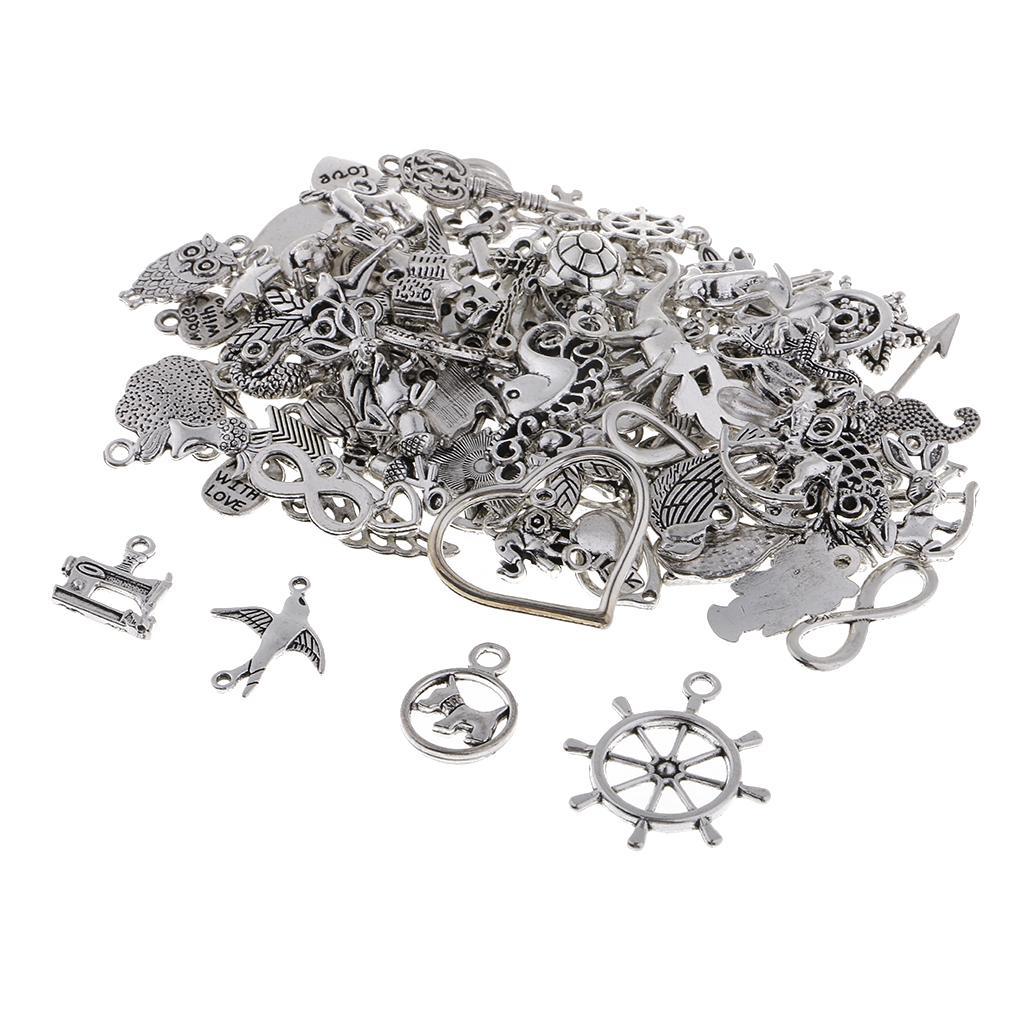100 Piece Mixed Charms Pendants Assorted DIY Silver Charms Pendant for Crafting Bracelet Necklace Jewelry Findings Jewelry Making Accessories