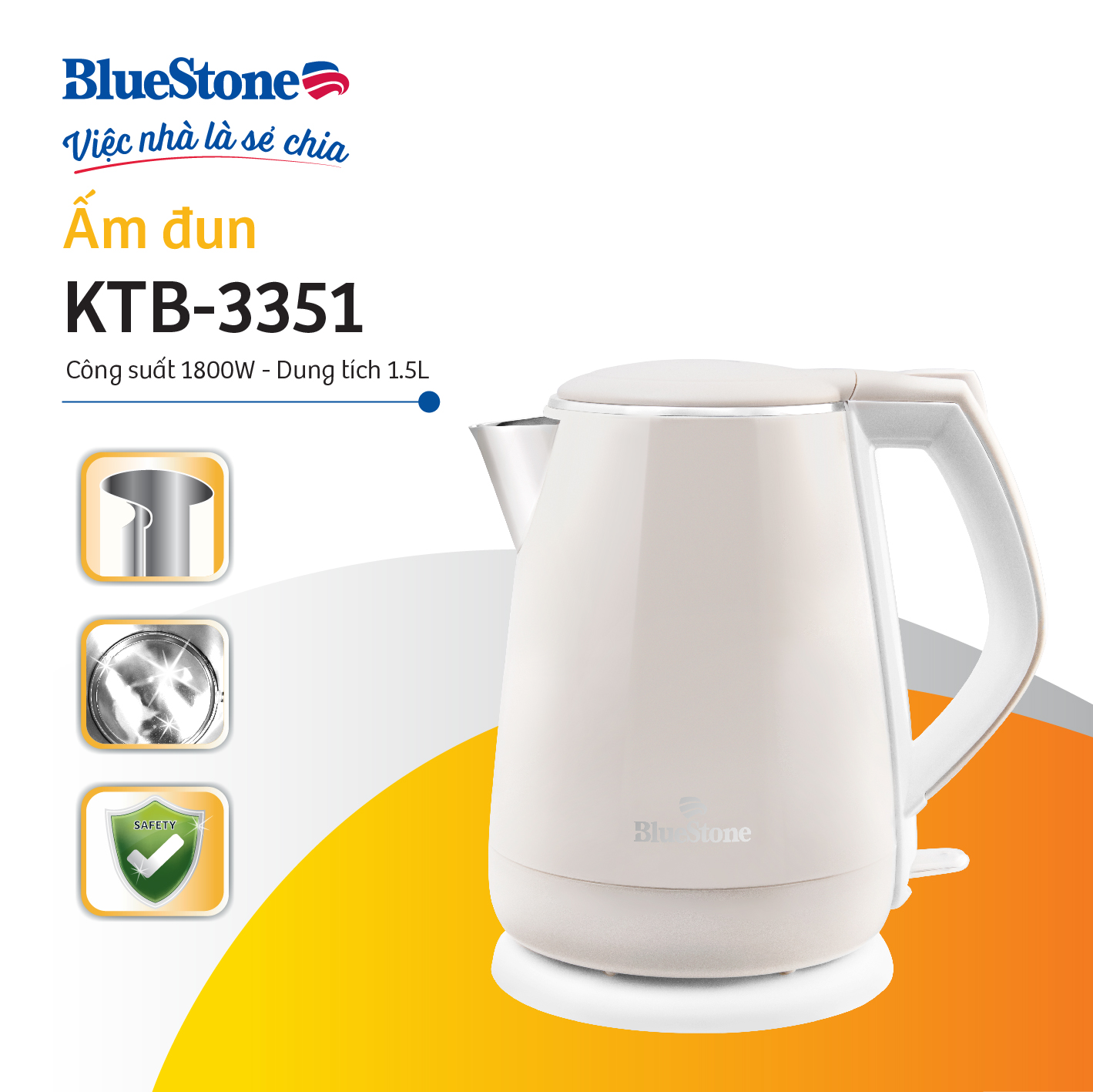 Ấm Đun Siêu Tốc 2 Lớp Bluestone KTB-3351 - 1.5L (Màu Ngẫu Nhiên) - Hàng chính hãng