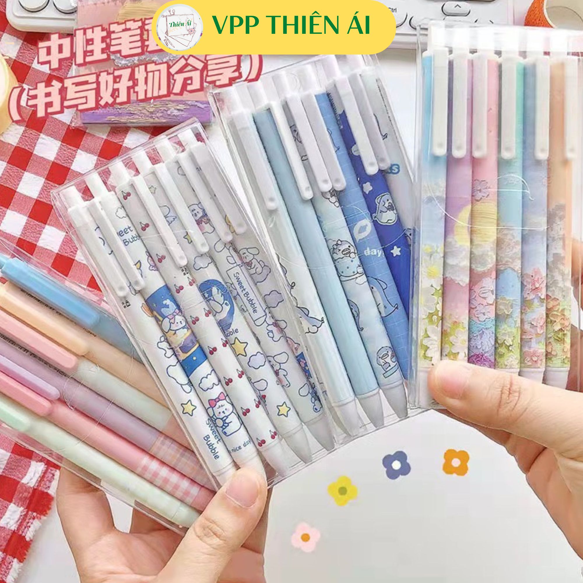 Set 6 bút bi bấm Moka mực đen, ngòi 0.5mm nhiều mẫu hoạt hình dễ thương - VPP Thiên Ái