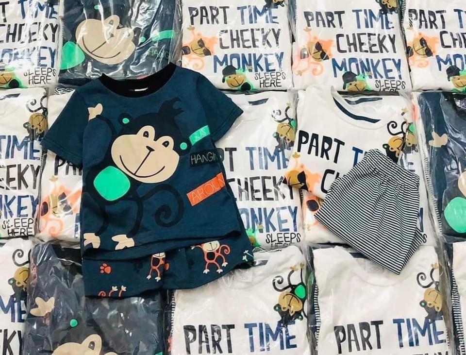 Set 2 bộ mặc nhà thun cổ tròn cộc tay mùa hè hoạ tiết monkey cho bé trai chất cotton