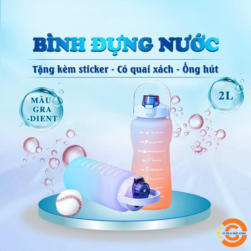 Bình nước 2 Lít có vạch chia báo giờ uống nước - Bình đựng nước màu Gradient kèm ống hút và sticker dễ thương