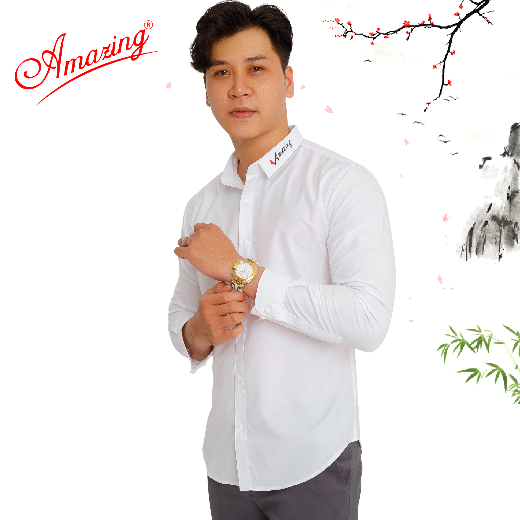 Áo sơ mi nam thêu chữ, thương hiệu cao cấp Amazing, phong cách Hàn Quốc, form body slimfit, tay dài