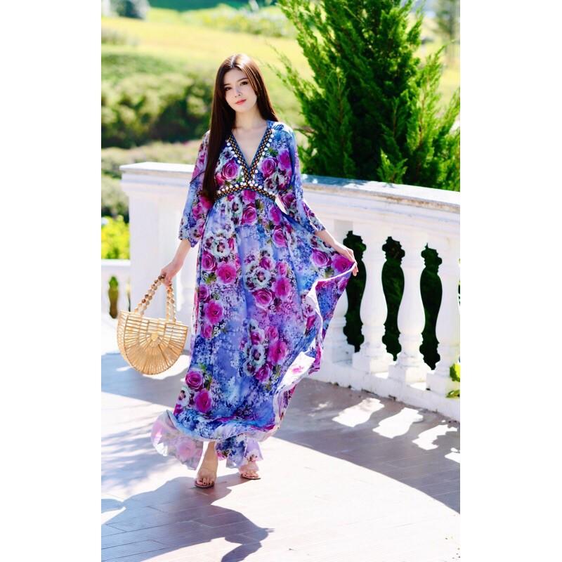 HOANGYEN - Đầm lụa mịn hoa tím viền bi tay lỡ
