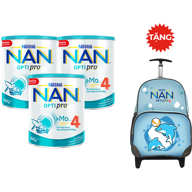 Combo 3 Lon Sữa Bột Nestlé NAN OPTIPRO HM-O 4 900g - Tặng 01 Balo kéo Cá Heo Màu Xanh Ngọc