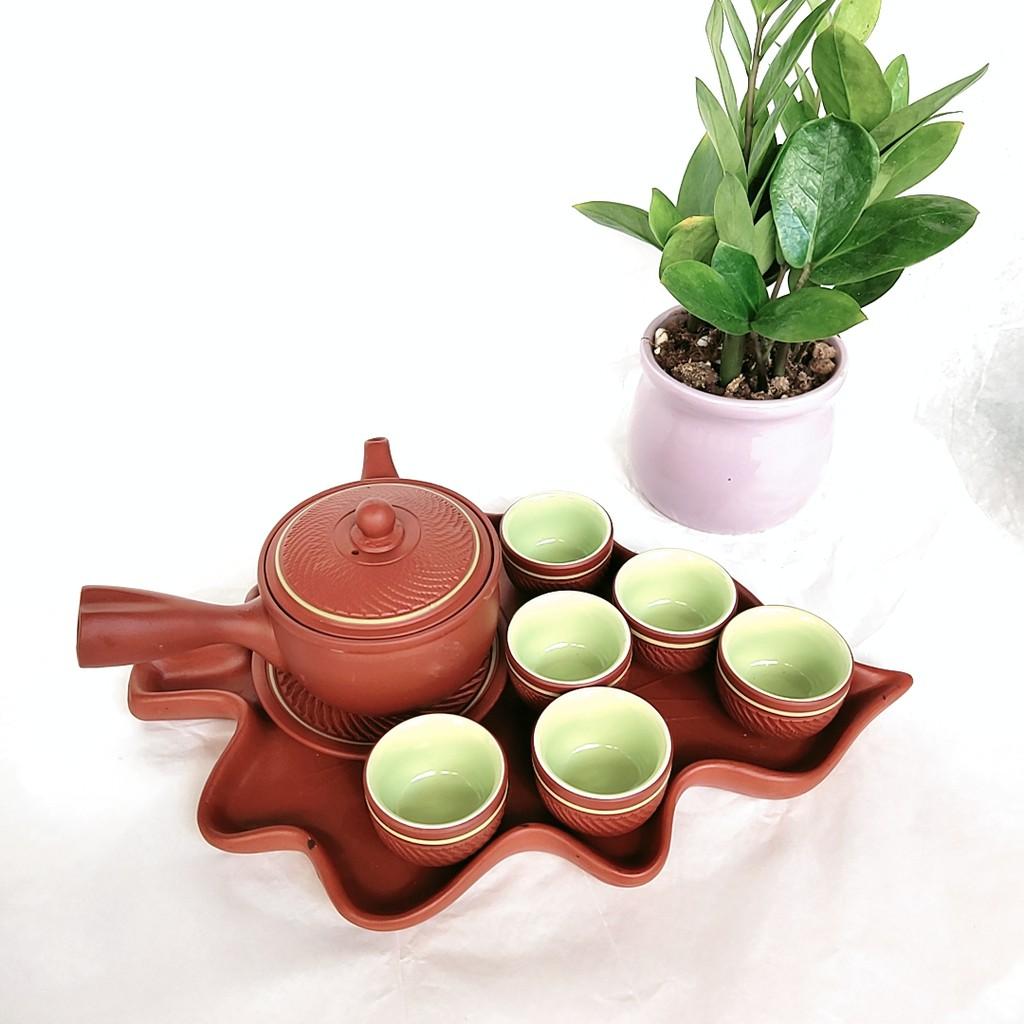 Trà đạo - Bộ ấm chén tử sa có tay cầm ngang khay hình lá độc đáo - Dung tích 300 ml