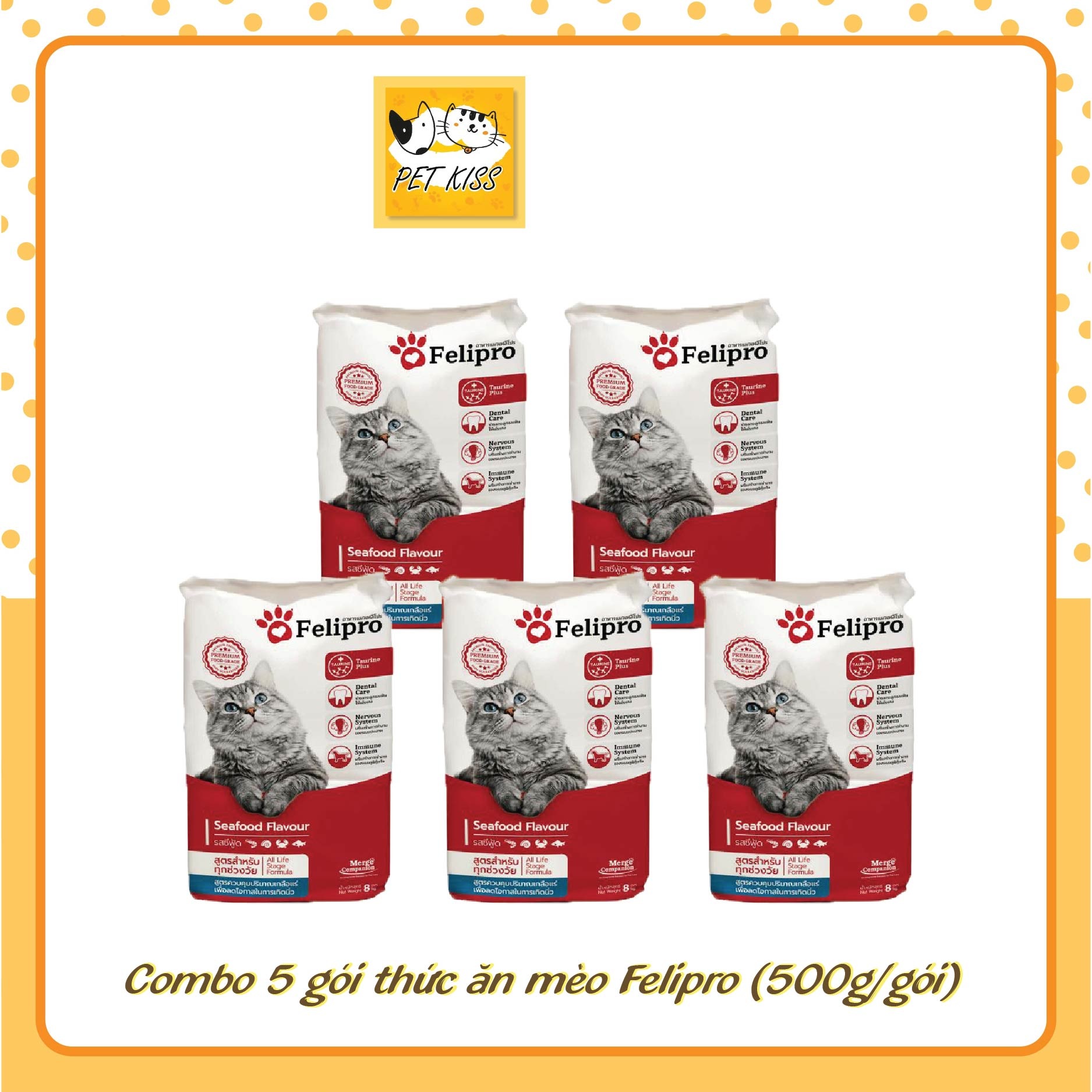 Combo 5 gói thức ăn mèo Felipro, gói 500g