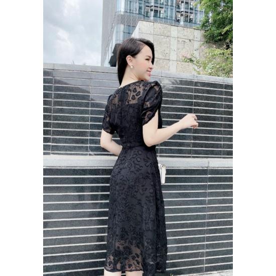 ĐẦM VOAN GẤM HOA NỔI MÀU ĐEN NHÚN LY BỤNG NGỰC KẾT HẠT CHÂU