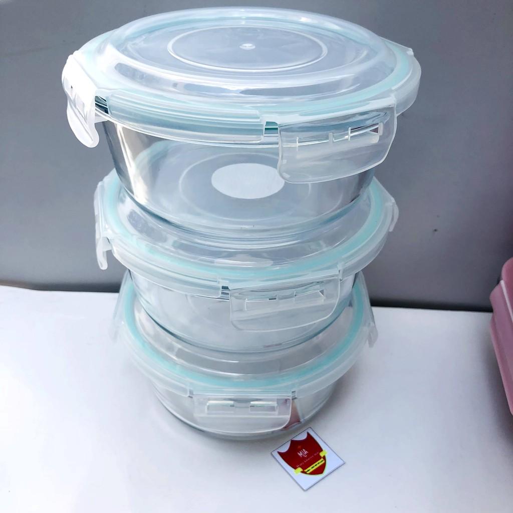 Combo 3 Hộp thủy tinh hình tròn đựng cơm, đồ ăn đa năng