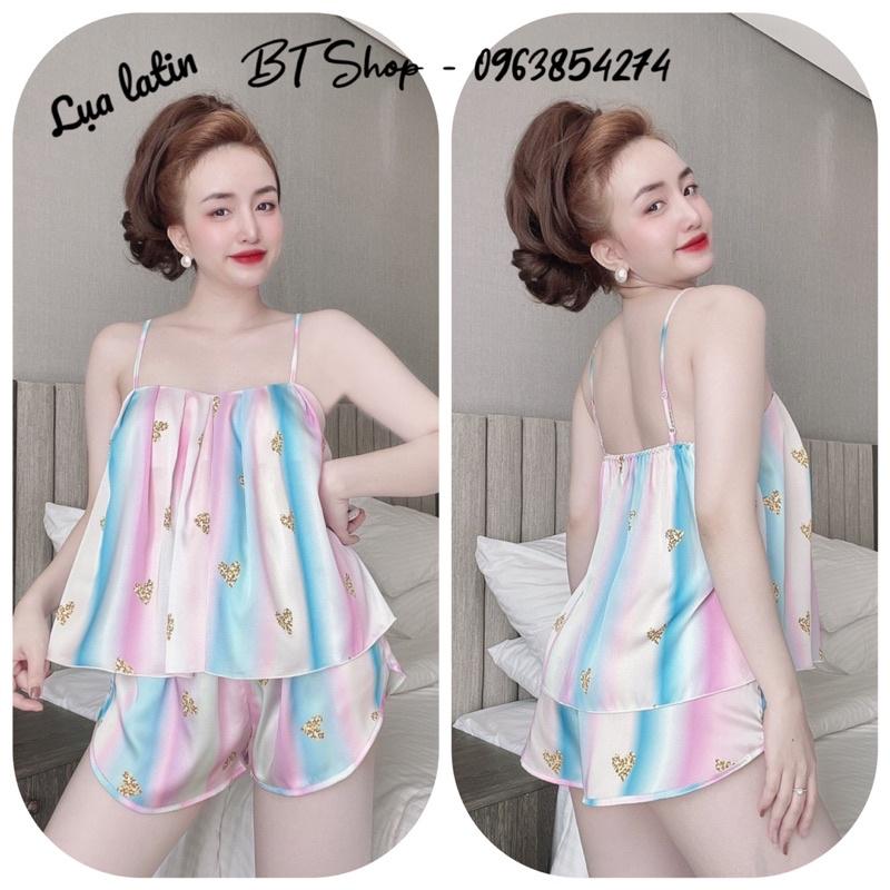 Bộ ngủ lụa latin 2 dây xếp ly hoạ tiết freesize từ 42-57kg