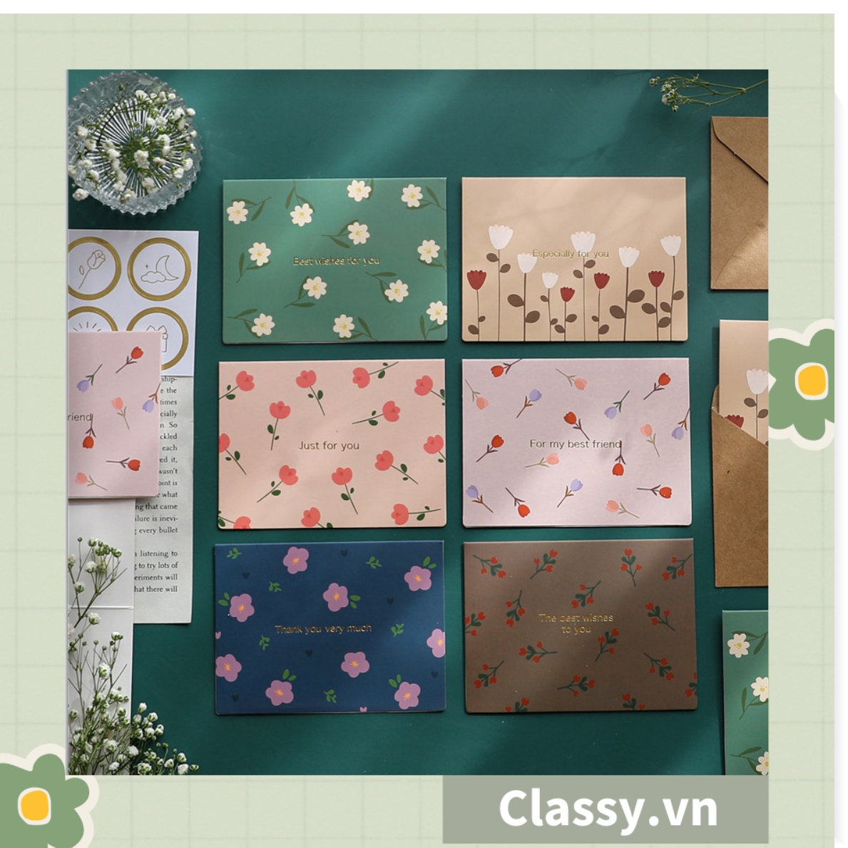 Thiệp Cổ điển Vintage in họa tiết hoa nhí giấy art sang trọng kèm phong bì giấy kraft nâu Q724