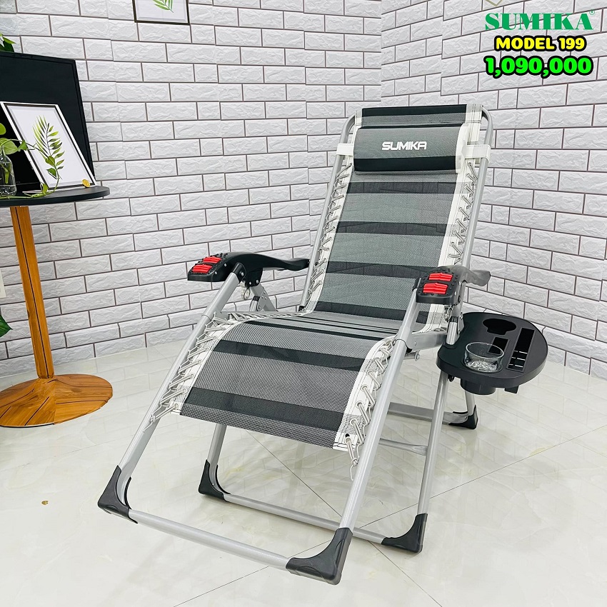 Ghế xếp thư giãn SUMIKA 199 - Khóa Kim loại Bền Bỉ- có lăn tay massage, khung vuông cao cấp, tải trọng 300kg - Tặng Kèm Khay + Gối - Luôn Có Phụ Kiện Thay Thế