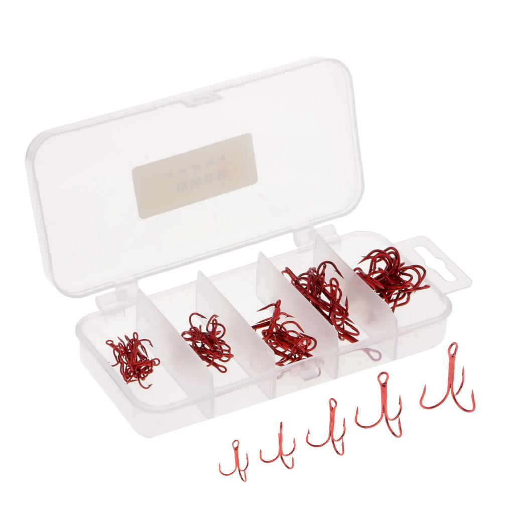 50 Pieces Treble Hooks High Carbon Steel Barbed Fishing Hook with Tackle Box