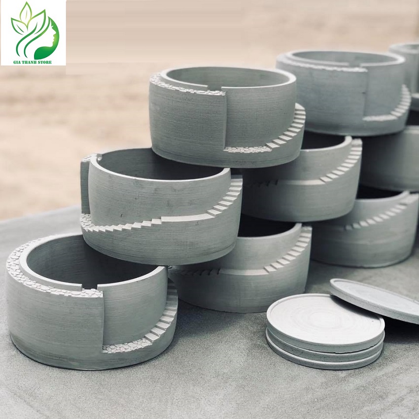 CHẬU HOA MINI ĐỂ BÀN CORI - chậu cây xi măng hình bậc thang kích thước 18x18x8.5cm, hàng thủ công mỹ nghệ cao cấp SeeArt