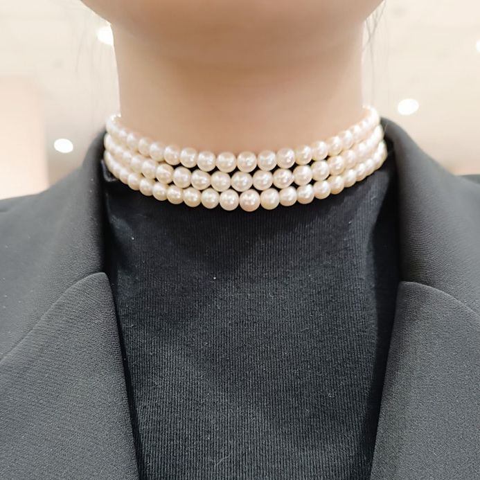 Chuỗi Ngọc Trai nước mặn Akoya ánh xà cừ phớt vàng - Choker 3 tầng (kèm kiểm định)