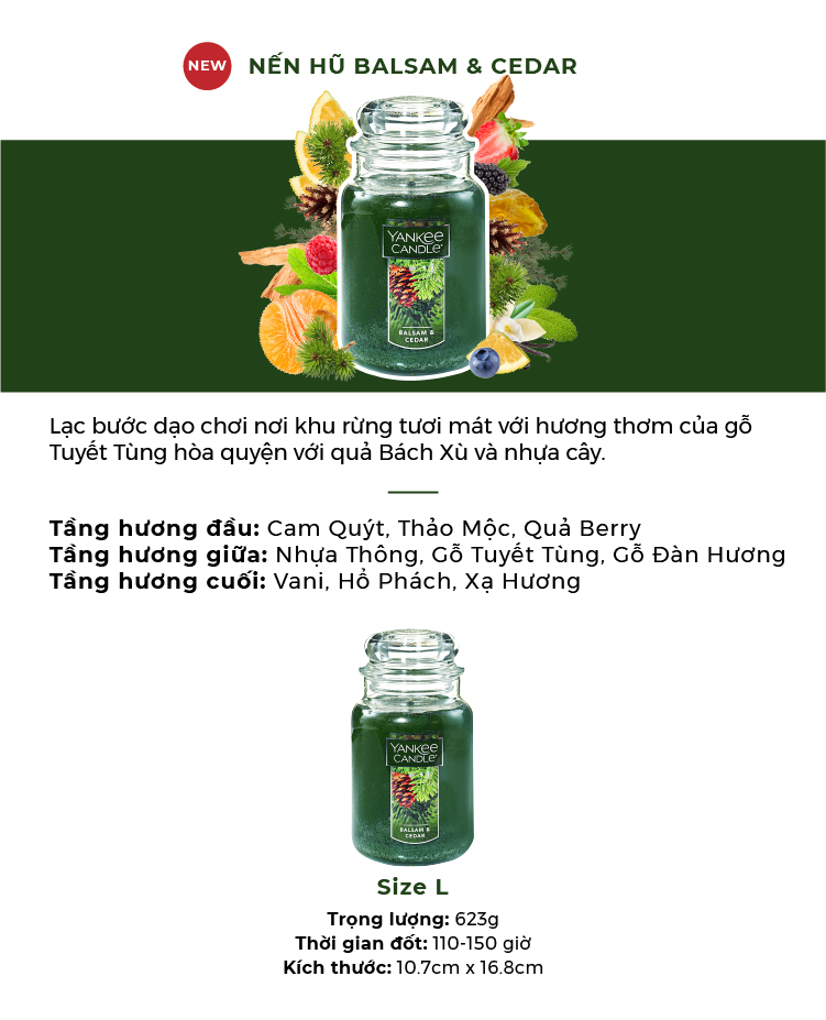 Nến hũ Yankee Candle size L - Balsam &amp; Cedar (623g)