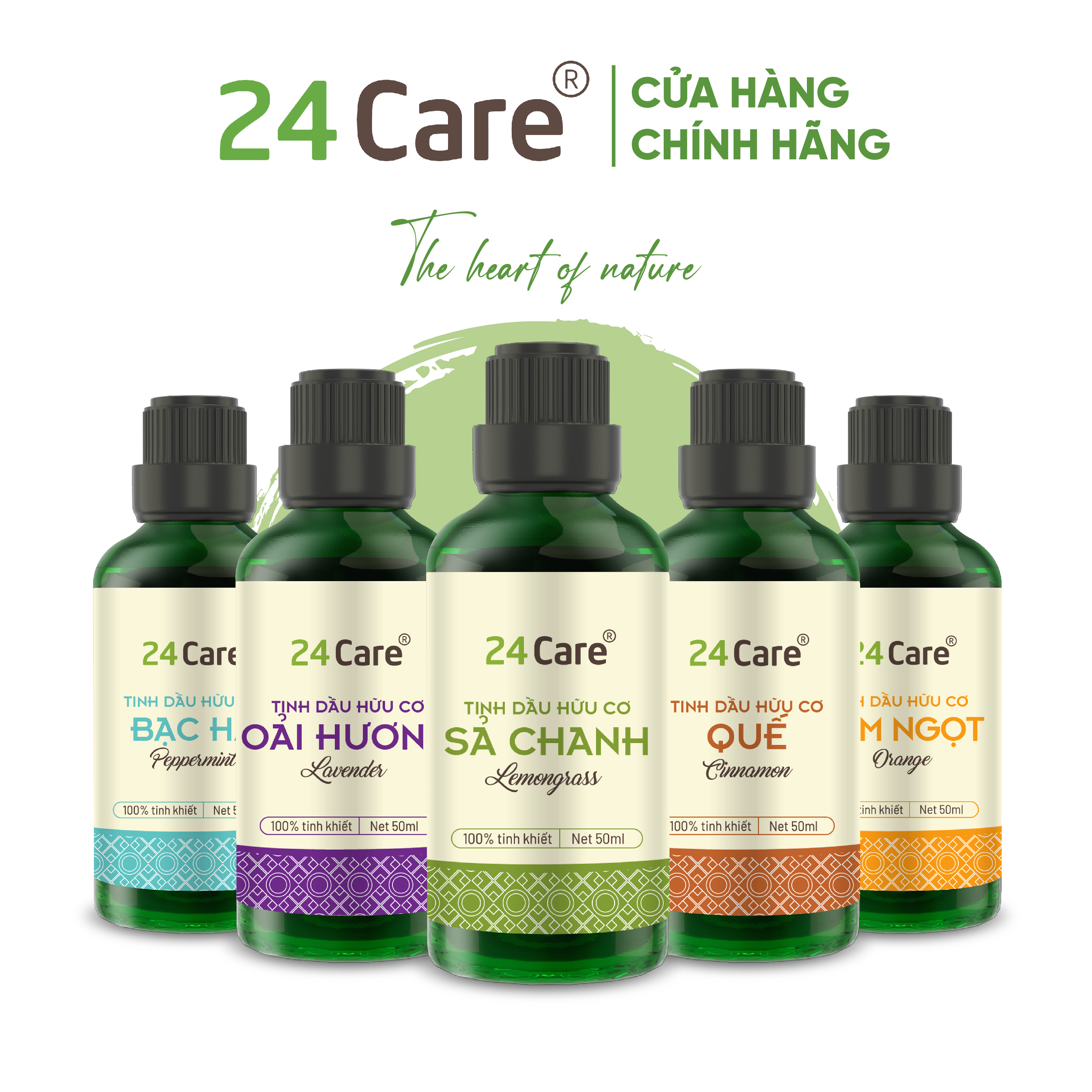 Tinh Dầu Nguyên Chất 24Care 50ml - Tinh Dầu Xông Thơm Phòng Giúp Giảm Căng Thẳng, Thư giãn, Đuổi Muỗi và Khử Mùi - Tinh dầu Sả Chanh/ Cam Ngọt/ Oải hương/ Ngọc Lan Tây/ Tràm Trà/ Bưởi Ngọt/ Vỏ Quế