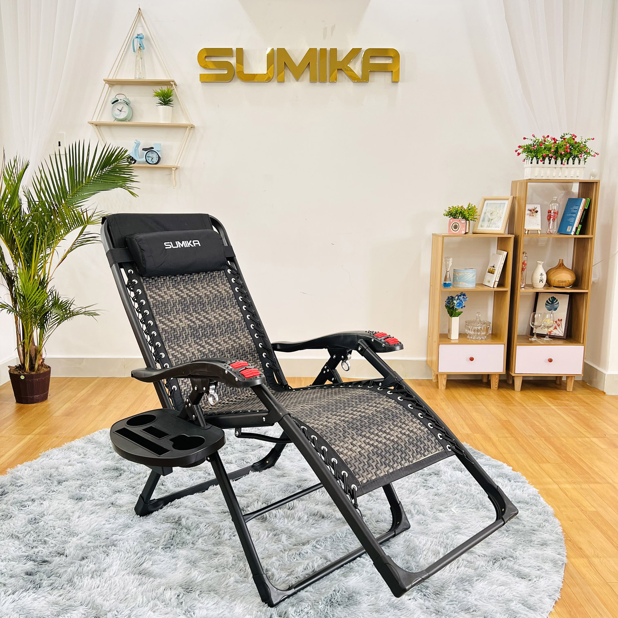 Ghế xếp thư giãn SUMIKA 636A, khung thép vuông sơn tĩnh điện, lưới mây đan nhân tạo, có lăn massage tay