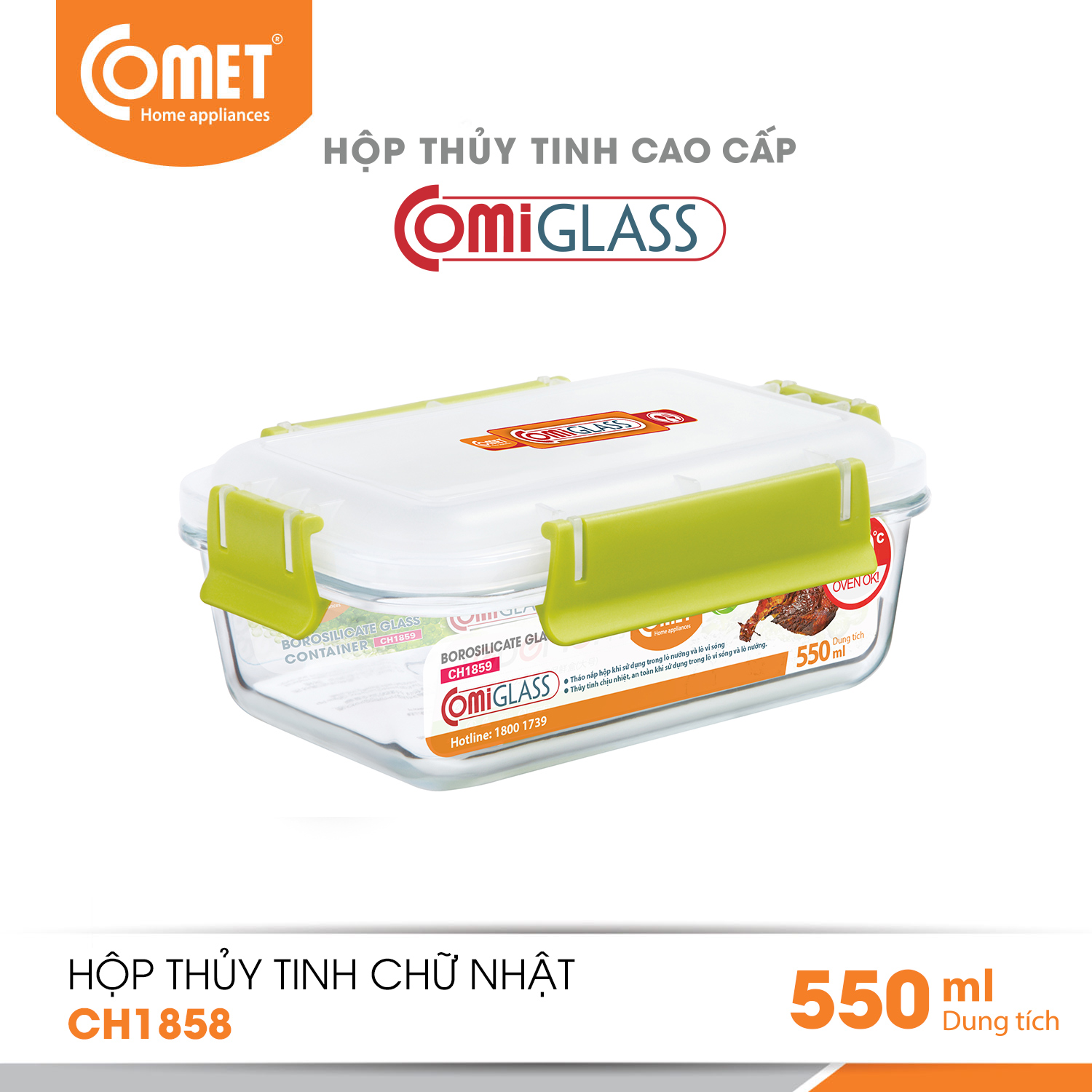 Hộp đựng thực phẩm thuỷ tinh 550ml Comet CH1858