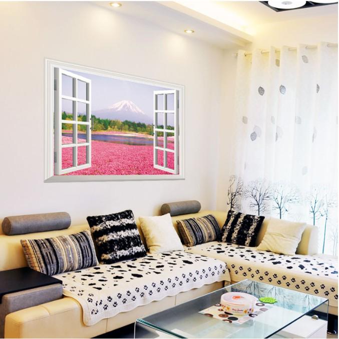 Decal trang trí tường Khung cửa sổ Núi lớn và cánh đồng Hoa Hồng