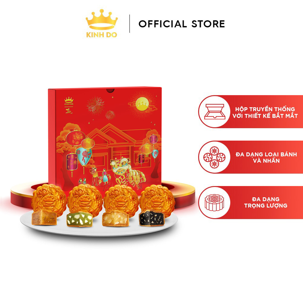 Tặng lồng đèn giấy - Hộp 4 bánh trung thu Kinh Đô giảm đường tinh luyện &quot;Sống Xanh&quot; (3 bánh ăn kiêng x 150g + 1 bánh 1 trứng x 150g)