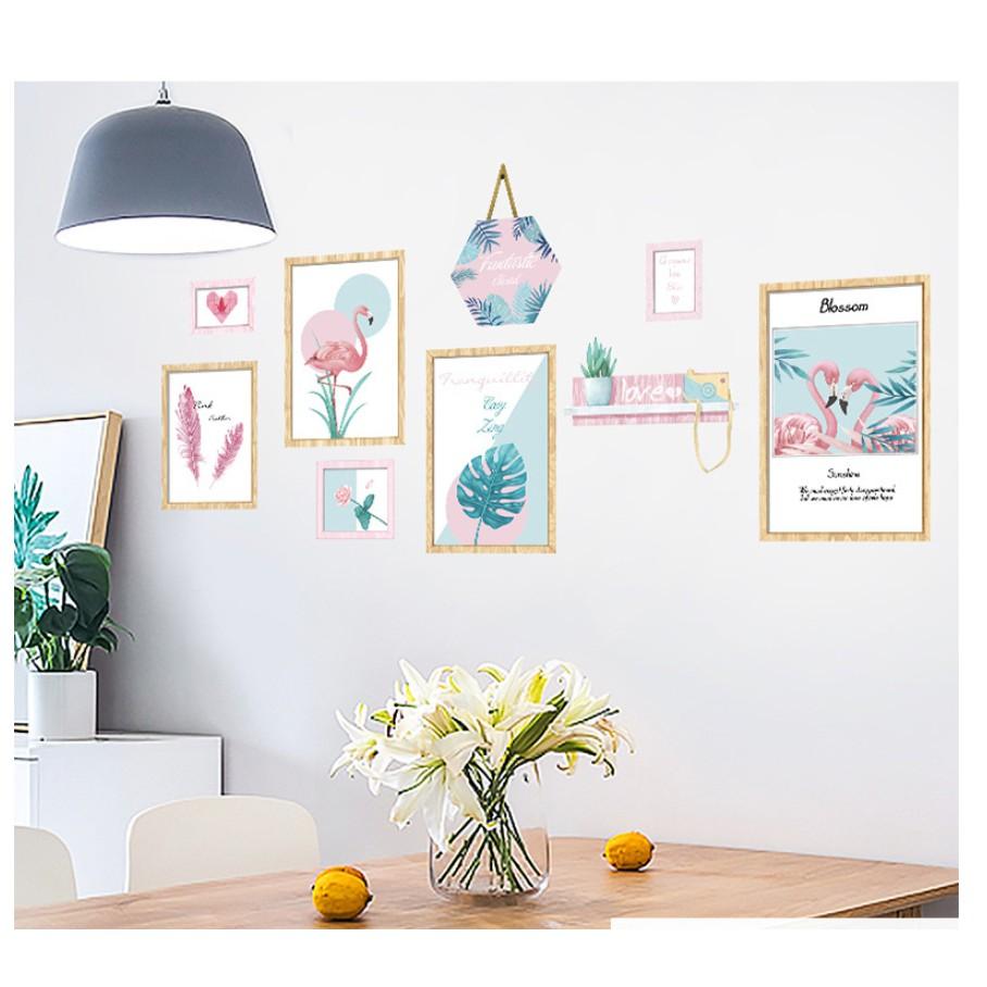 Decal trang trí tường Khung tranh cò hoa lá hiện đại