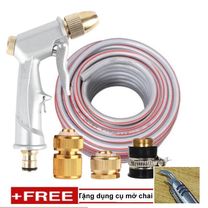 Bộ dây vòi xịt nước rửa xe, tưới cây . tăng áp 3 lần, loại 20m 206701 đầu đồng,cút đồng,+ tặng mở chai