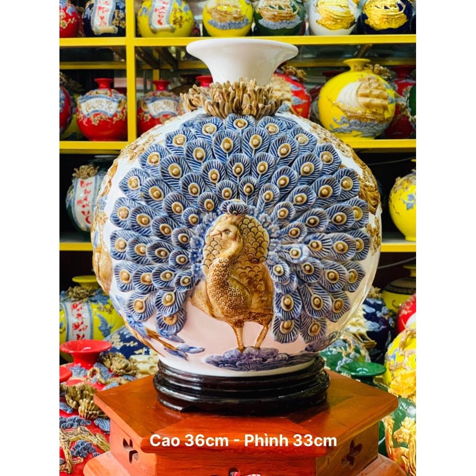 Bình Hút Lộc Cao 36cm Công Đào Đuôi Xòe Phú Quý Vinh Hoa Men Màu Bình Phong Thủy Tài Lộc Gốm Sứ Bát Tràng