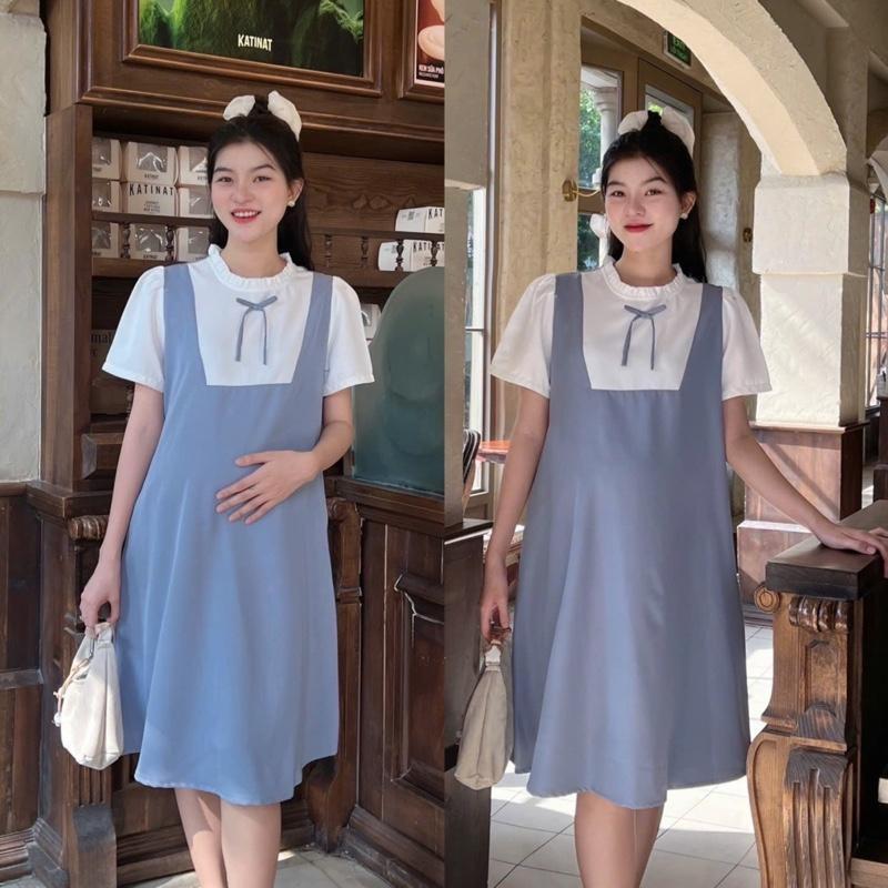 Đầm bầu yếm liền công sở cổ bèo dáng suông chất cotton lạnh mềm mát, bầu diện đi làm đi chơi đều xinh - Nâu