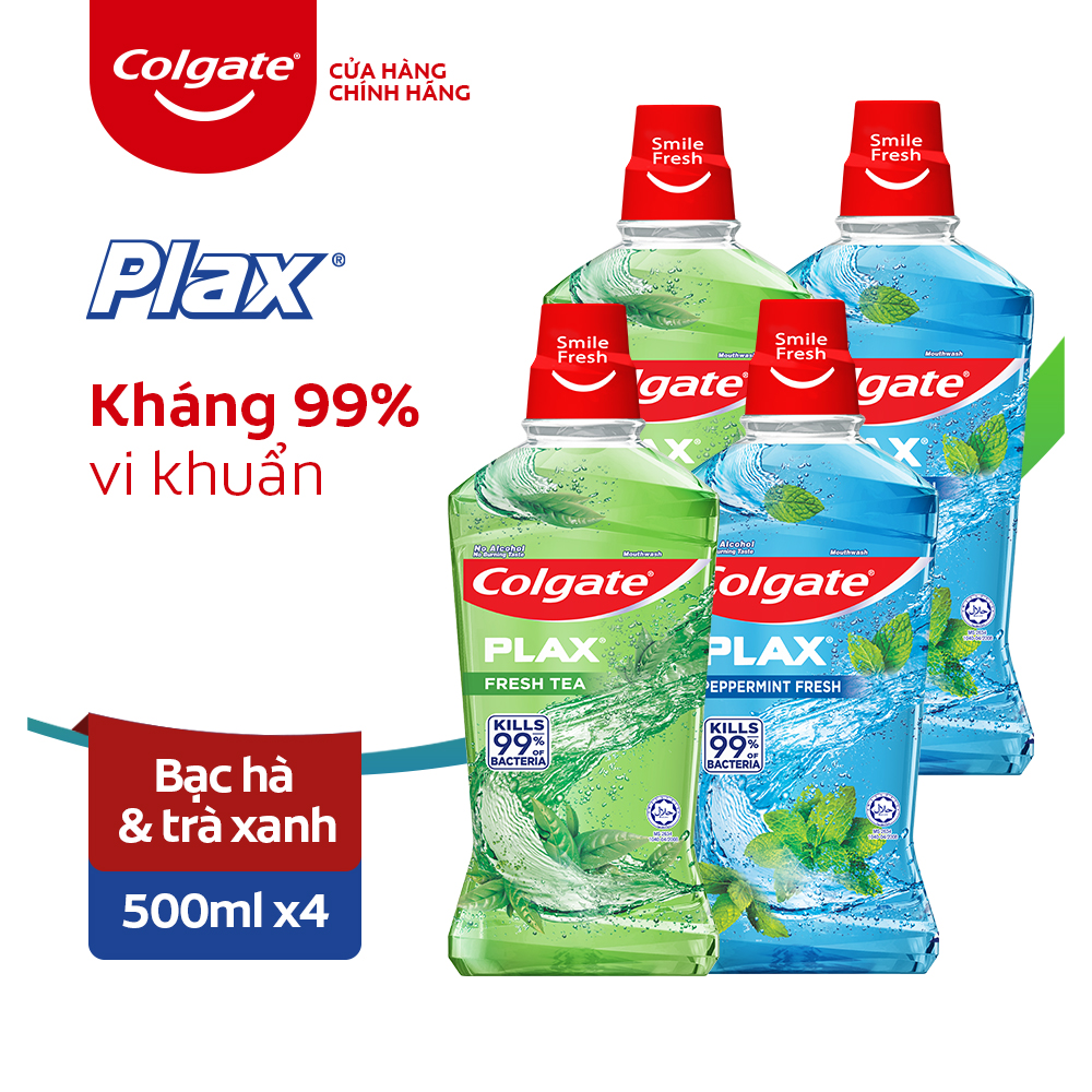 Combo 4 Nước súc miệng Colgate diệt 99% vi khuẩn Plax trà xanh và Plax bạc hà 500ml/chai