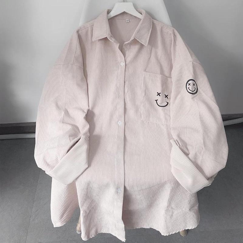 Áo sơ mi nhung gân Icon màu kem unisex