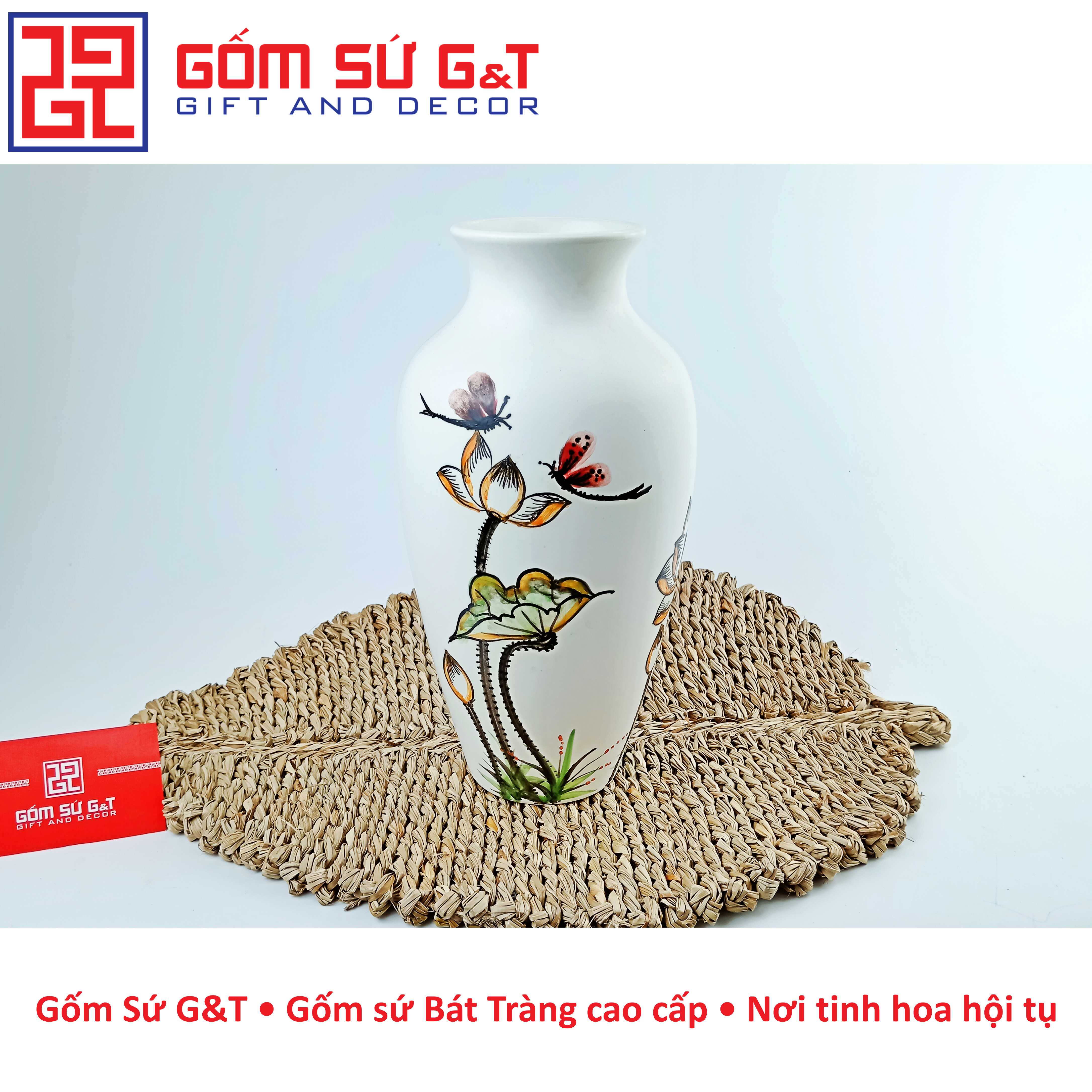 Lọ hoa dáng đùi dế vẽ sen chuồn Gốm Sứ G&amp;T