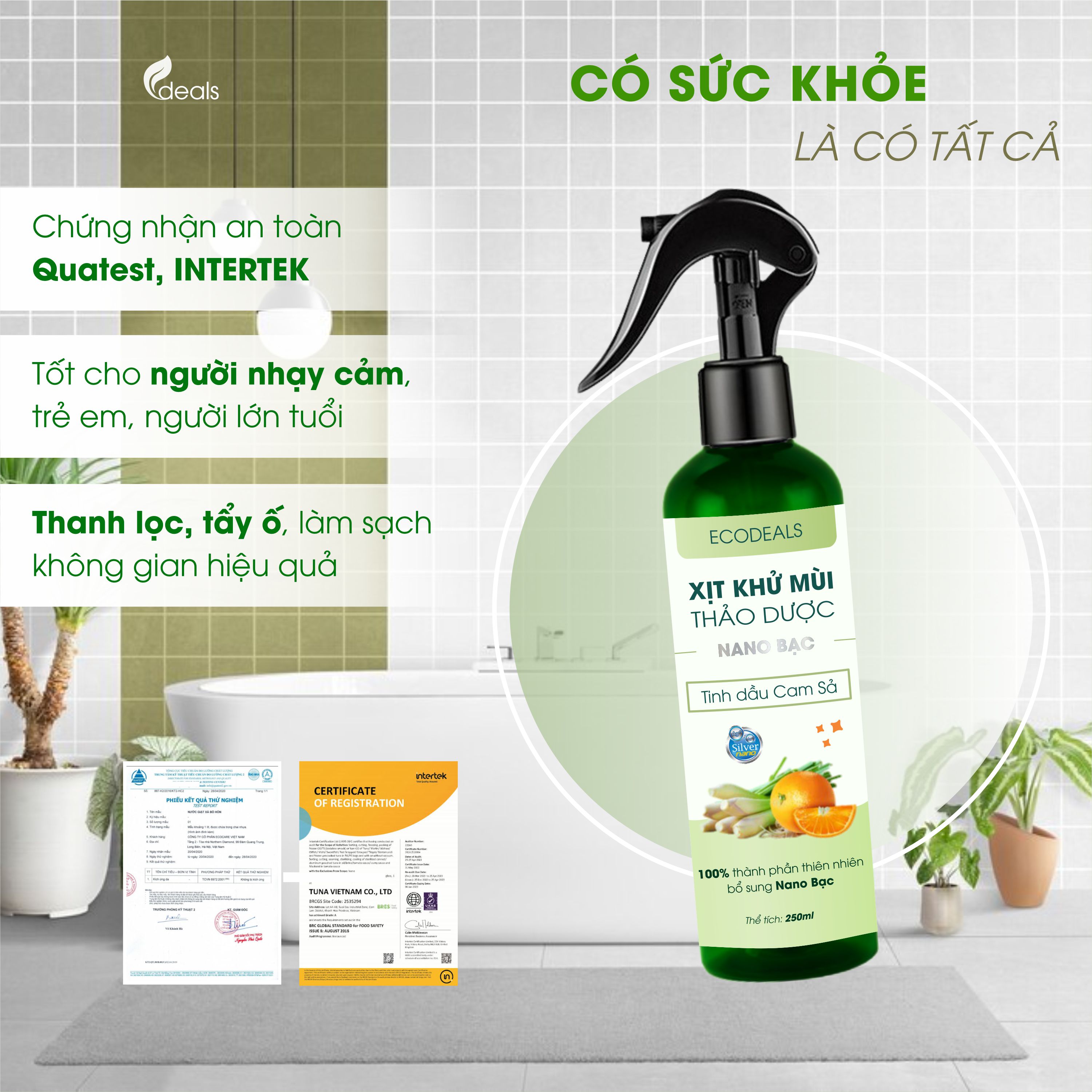 Xịt Khử mùi Kháng khuẩn thảo dược công nghệ Nano Bạc ECODEALS - Tinh dầu Cam Sả