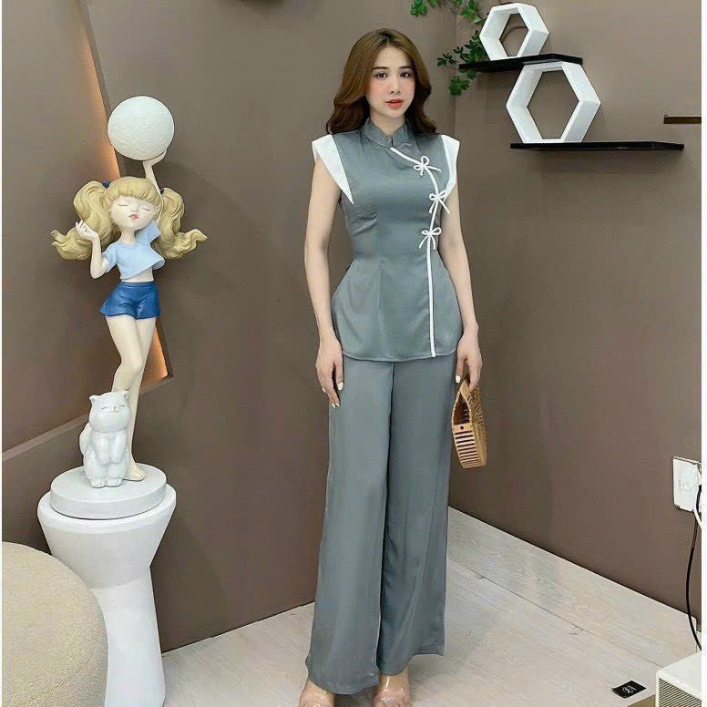 SÉT BÀ BA CỔ TÀU PHỐI TAY 2 MÀU Y HÌNH
