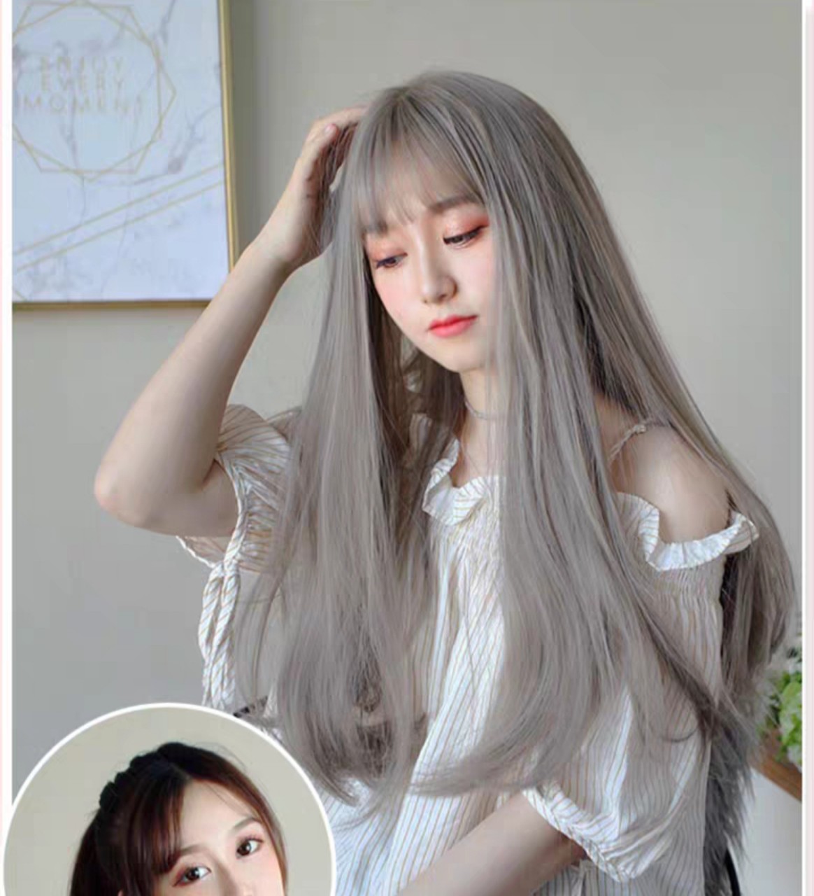Tóc giả nguyên đầu thẳng dài kiểu Hàn siêu xinh có rãnh da đầu, chất tóc tơ cao cấp loại 1, chịu nhiệt tốt có thể bấm uốn, duỗi, gội. giống tóc thật 100%