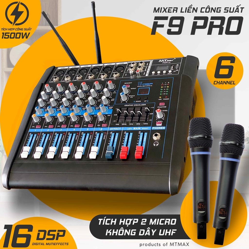 Mixer MT Max F9 Pro liền công xuất chuyên nghiệp tích hợp nhiều chức năng EQ reverv delay echo 16 chế độ tặng kèm 2 mic