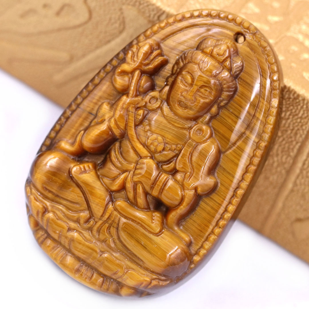 Mặt Phật Đại thế chí đá mắt hổ 3.6 cm kèm móc và vòng cổ dây cao su nâu, Mặt Phật bản mệnh
