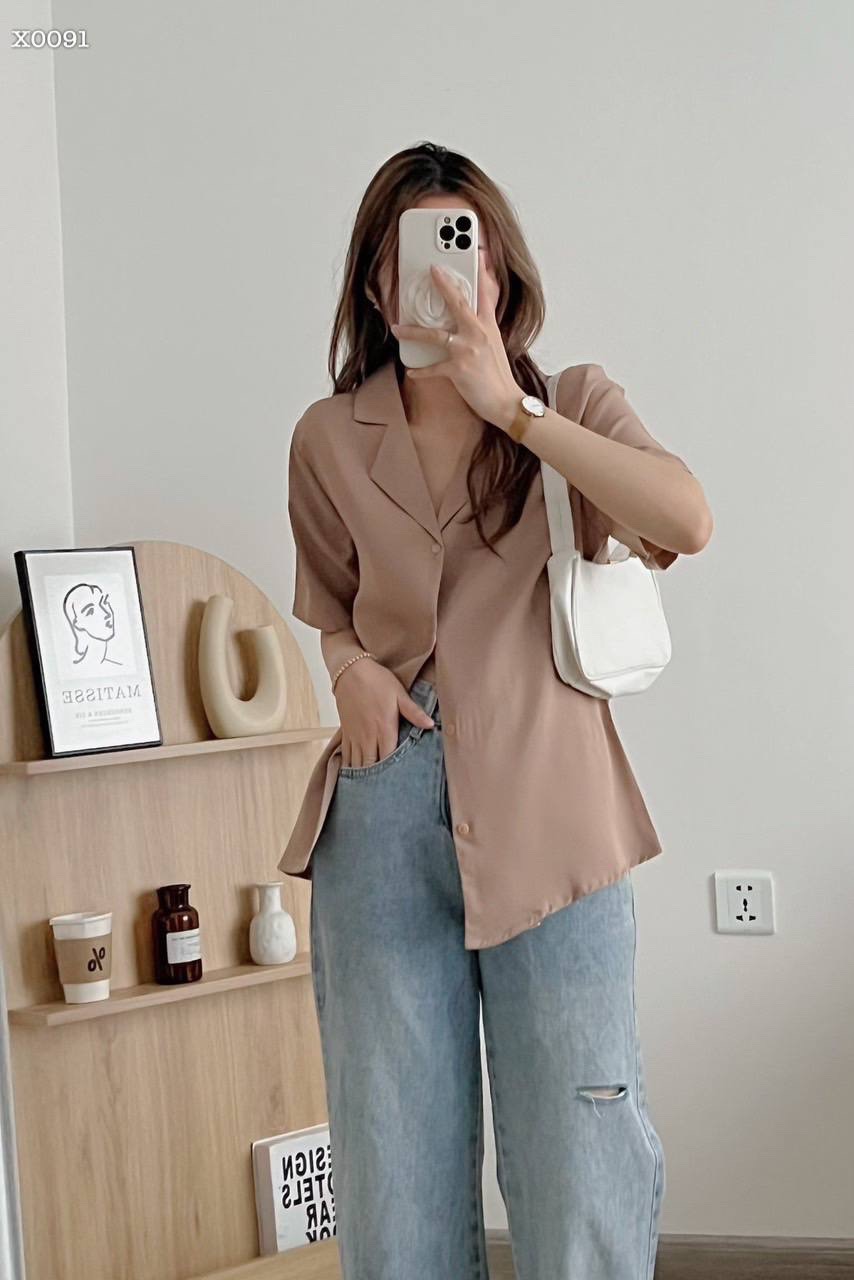 ÁO SƠ MI NỮ KIỂU RETRO BLAZER VEST TAY NGẮN SUÔNG TRƠN RỘNG BASIC CƠ BẢN ĐI CHƠI DẠO PHỐ ĐI LÀM CÔNG SỞ ĐI HỌC