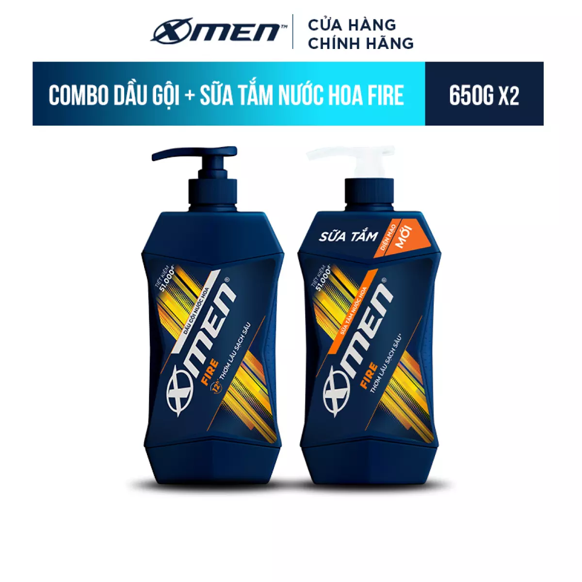 Combo Dầu Gội X-Men Nước hoa Fire 650G và Sữa Tắm X-Men Nước hoa Fire 650G