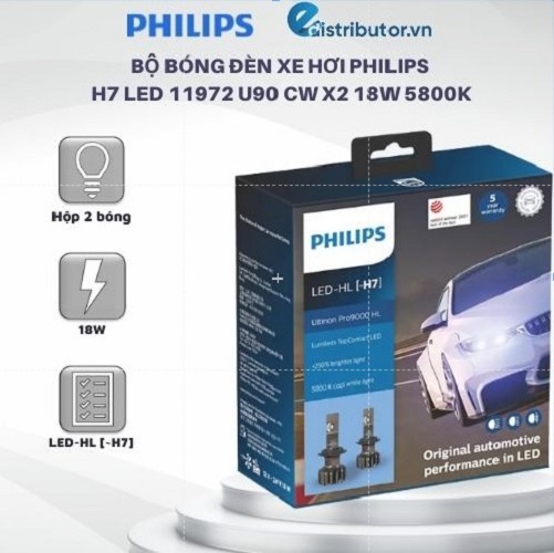 Bộ Bóng Đèn Xe Hơi Philips H7 LED 11972 U90 CW X2 18W 5800k