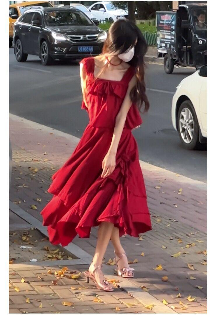 SHUANGYAN Màu đỏ phục cổ phong cách phương Tây mối tình đầu ngọt ngào xinh đẹp áo khoác da mùa hè váy cưới bờ biển chụp ảnh du lịch bãi biển váy