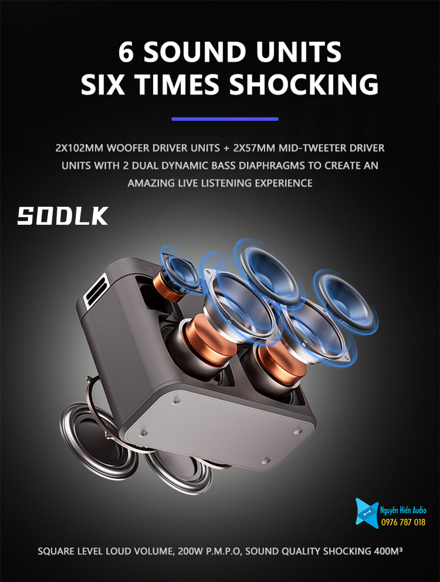 Loa SODLK S1314 di động bluetooth 5.0 siêu trầm 200W, karaoke chuyên nghiệp, công nghệ DSP