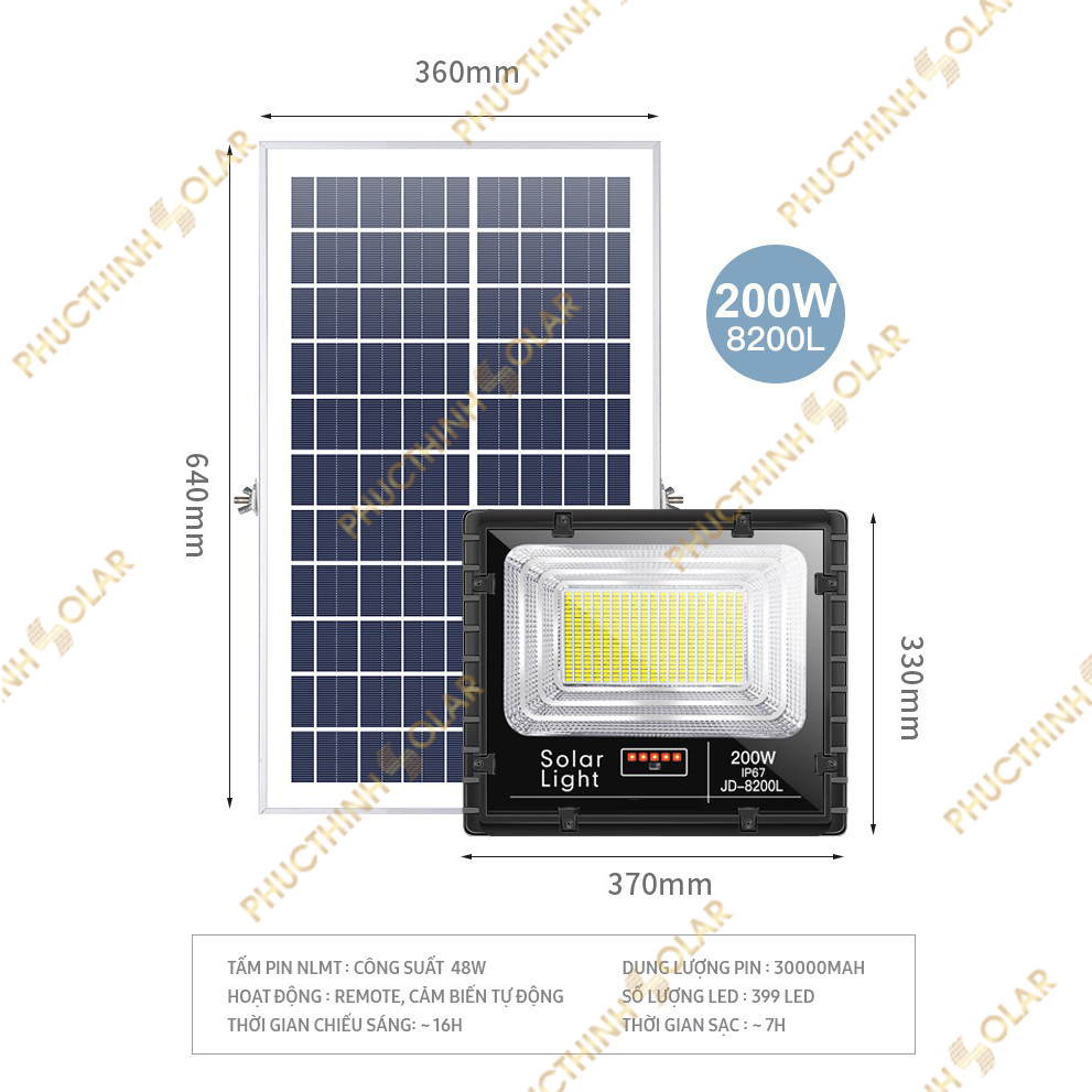 Đèn Năng Lượng Mặt Trời 200W Jindian JD-8200L Đèn Pha Led Ngoài Trời Kính Cường Lực Chống Nước IP67 | Phúc Thịnh Solar