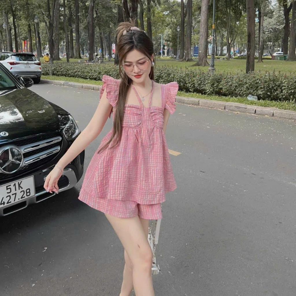 Sét bộ đùi mocking xốp caro tay bèo nhún ngực cổ phối dây siêu xinh