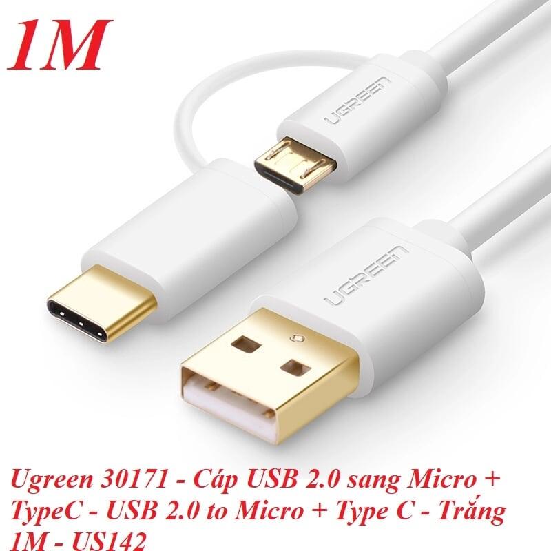 Ugreen UG30171US142TK 1M màu trắng Cáp USB-A sang Micro USB + USB-C cao cấp - HÀNG CHÍNH HÃNG