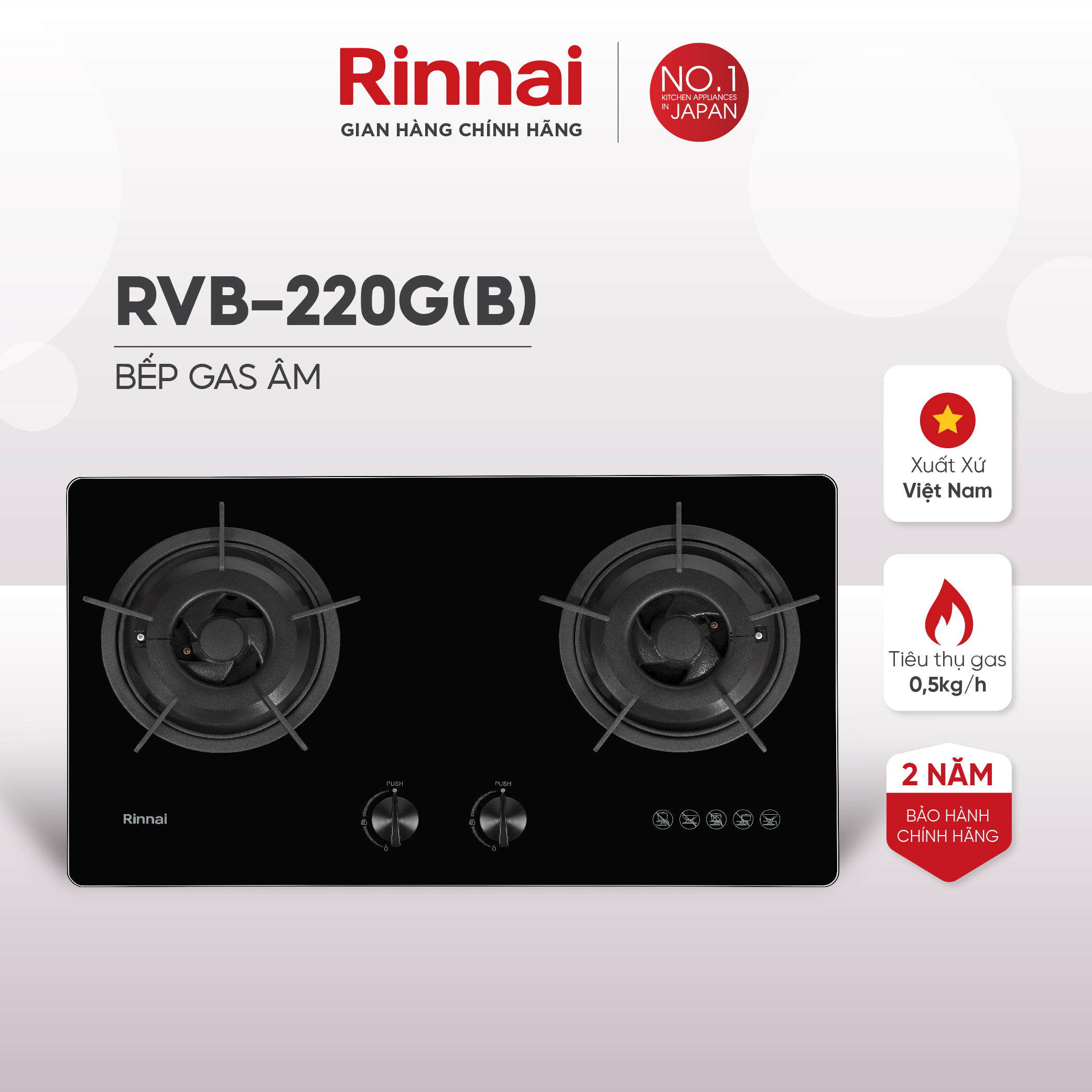 Bếp gas âm Rinnai RVB-220G mặt bếp kính và kiềng bếp gang - Hàng chính hãng.