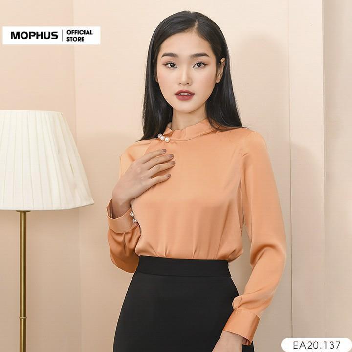 Áo sơ mi công sở Mophus EA20137 cổ đính đá, áo sơ mi nữ vải co dãn thời trang công sở cao cấp