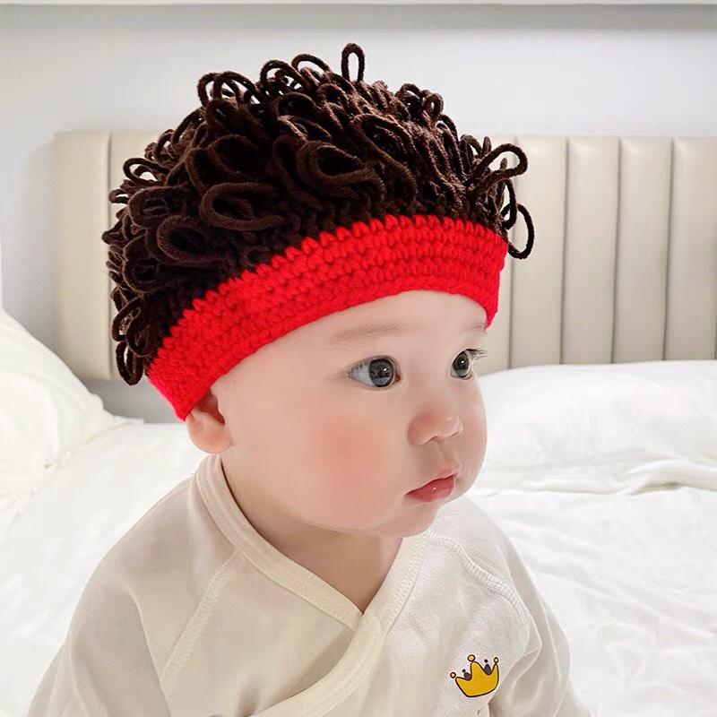 Mũ len giả tóc xoăn bé trai, headband tóc giả cho bé 6 tháng - 3 tuổi